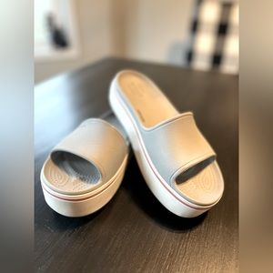 CROCS Platform Slides. Light gray top, white platform, with pale pink pinstripe.